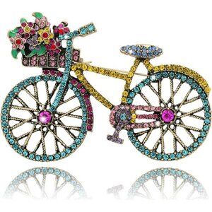 Blue Crystal Bicycle Brooch Handmade Rhinestone Retro Pin, Elegant Fashion Gif